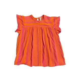 Grace Karma Boho Peasant Top XL Pink Orange Chevron Fringe Flutter Sleeve Blouse